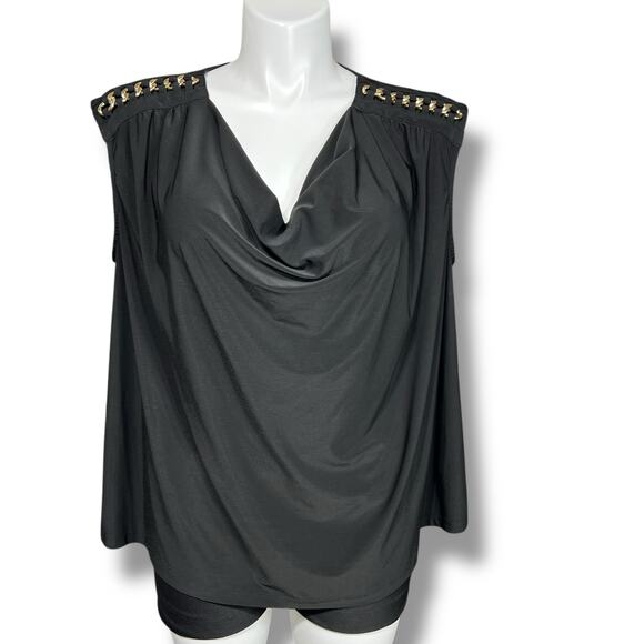Harper 241 Womens Blouse Shirt Top Drape Neck Chain Accent Stretch Black 2X - Picture 1 of 10